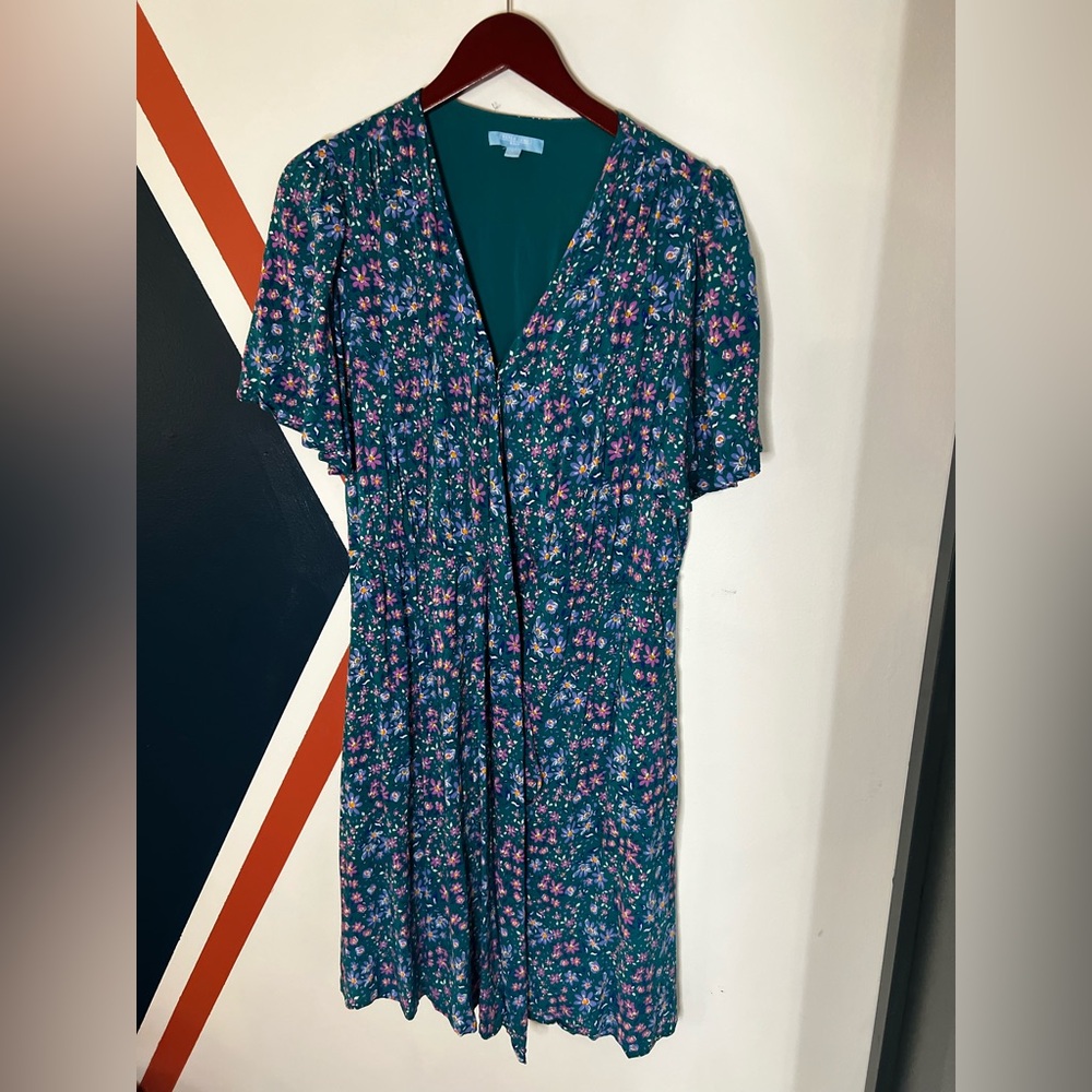 Draper James Teal Midi Dress with Pink Floral Print Garden Party Tea